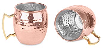 BirdRock Home Hammered Copper Moscow Mule Mugs | Set of 2 | Brass Handles | Cocktail Drinks | Cup 16 Ounce