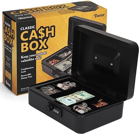 Darice Cash Box - Large Money Safe for Cash - Money Box Organizer for Bills, Coins - Lock for Safety - Removable Money Tray - Handle (7"x 9.7"x 3.5")