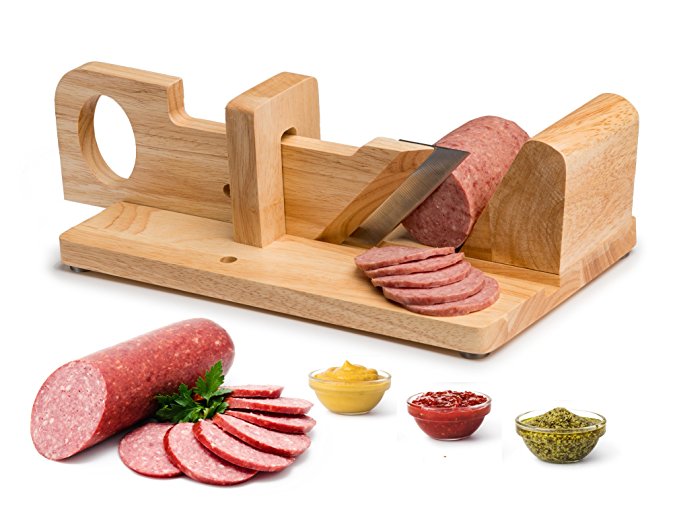 Decodyne Premium Sausage & Small Salami Guillotine Slicer – Rustic Wooden Design & Sharp Stainless Steel Blade For Slicing Chorizo, Pepperoni & More Dried Meat Delicacies