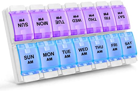 Sukuos Weekly 7 Day Pill Organizer, 2 Times A Day Pill Box Pill Cases (AM PM), BPA Free Medicine Organizer for Pills/Vitamin/Fish Oil/Supplements, Arthritis Friendly Push Button, Easy to Clean