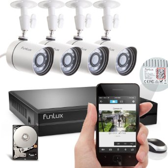 Funlux 4 Outdoor 1280X720P HD Security Camera with 4CH sPoE NVR Surveillance System, 500GB Hard Drive