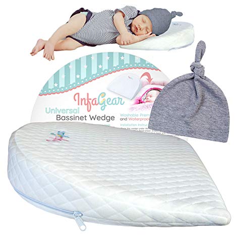 Bassinet Wedge Pillow for Baby Reflux & Bonus Beanie Hat | 12-Degree Incline for Congestion & Colic Relief | Baby Wedge with 100% Cotton & Waterproof Cover