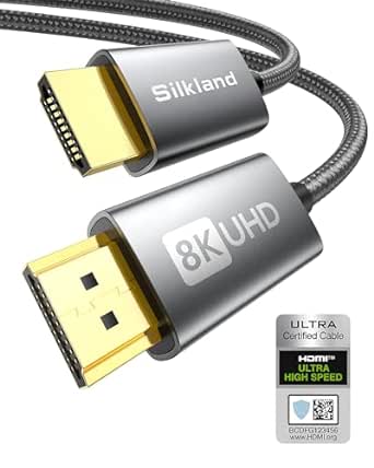 Silkland Câble HDMI 2.1 8K 5M, câble HDMI eARC pour barre de son 48Gbps, câble HDMI PS5 4K@120Hz, 2K@240Hz/144Hz, 8K@60Hz, HDR dynamique, Dolby Atmos, HDCP 2.2/2.3 pour Fire TV, HDTV, Xbox Series X/S