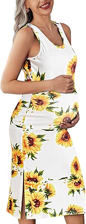 Ekouaer Women's Maternity Dress Rib Knit Sleeveless Tank Side Slit Bodycon Dresses Pregnancy Clothes S-XXL