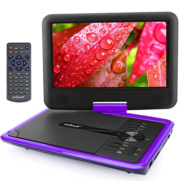 ieGeek 11.5 inch Portable DVD Player with 9.5 inch 360°Swivel Screen, 5 Hour Rechargeable Battery, Support USB/SD Card, Direct Play in Formats AVI/RMVB/MP3/JPEG, Purple