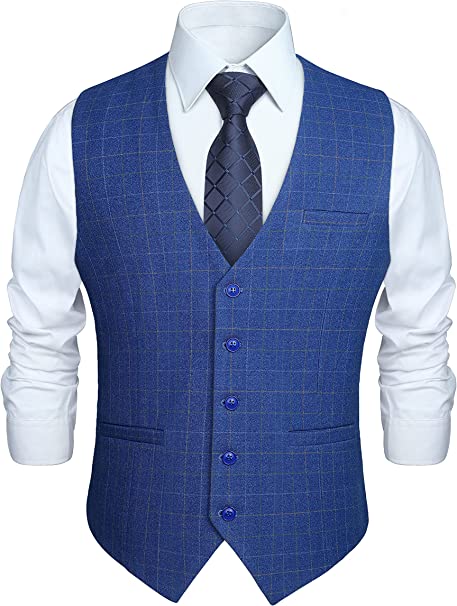 HISDERN Men's Suit Vest Plaid Dress Vest for Men Slim Fit Formal Business Waistcoat Tuxedo V-Ncek Solid Color Vest