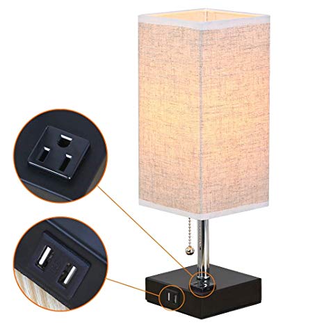 ZEEFO Dual 2.1A USB Charging Port Table Lamps with Outlet, Simple Design Bedside Table Lamp, Black Base and Fabric Shade Nightstand Desk Lamp is Great for Bedroom, Guest Room, Office (Square)