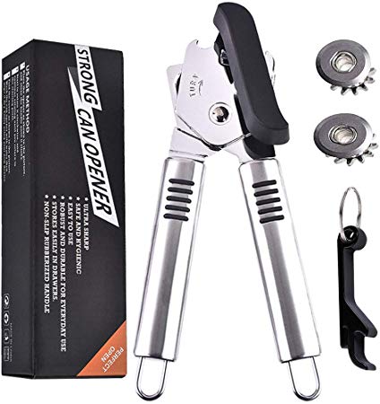 Stainless Steel Can Opener Manual - With 2 Spare Blades & Bottle Opener Heavy Duty Ergonomic Anti Slip Food-Safe Smooth Edge