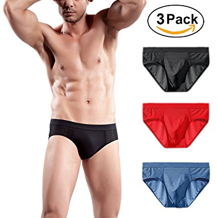 Muryobao Men's Bikini Briefs Bulge Pouch Underwear Low Rise Modal Brief for Sport Swimming Pack of 3 Black Red Blue