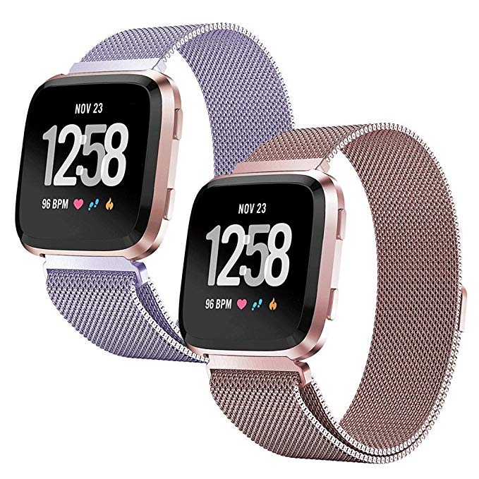 PUGO TOP Fitbit Versa Bands Small Large for Women Men, Magnetic Milanese Loop Stainless Steel Metal Mesh Replacement Bracelet Strap for Fitbit Versa Fitness Smartwatch Sport Accessory Wristbands