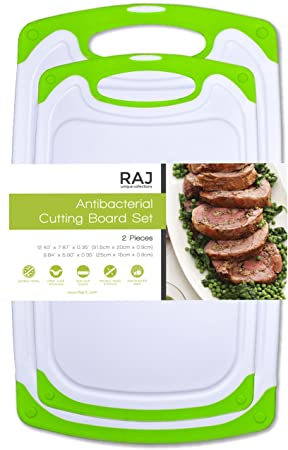 Raj Plastic Cutting Board Reversible Cutting board, Dishwasher Safe, Chopping Boards, Juice Groove, Large Handle, Non-Slip, BPA Free (Set of Two, Green)