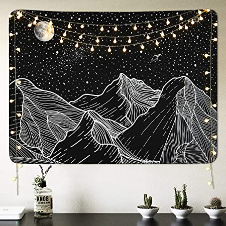 Mountain Tapestry Moon Star Tapestry Starry Night Sky Tapestry Black and White Mountains Tapestry for Room