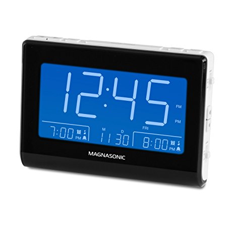 Magnasonic Alarm Clock Radio with USB Charging for Smartphones & Tablets, Auto Dimming, Dual Gradual Wake Alarm, Battery Backup, Auto Time Set, Large 4.8" LED Display, AM/FM (CR63W)