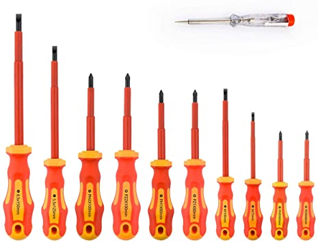Gunpla 11 Pieces VDE Insulated Screwdriver Set, 1000V with Black Tip Magnetic, TPR Handle Electrician Soft-Grip Slotted Phillips and Pozi Tools with Safety Tester for Electrician Repair