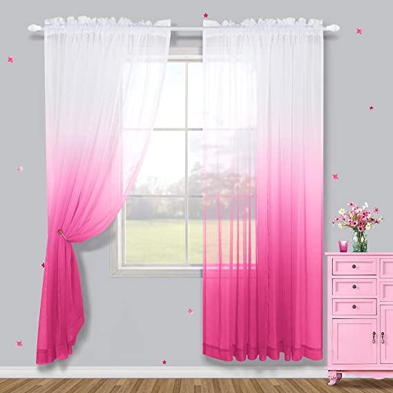 Pink Sheer Curtains 84 Inch Length for Bedroom Set 2 Panels Rod Pocket Ombre Gradient Window Voile Tulle Drapes Semi Sheer Beautiful Pretty Girls Room Accessories for Girls Gift Ideas Teenagers Decor