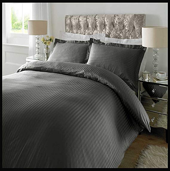 300TC Cotton Satin Stripe Duvet Cover   Oxford Pillowcase(Grey,Double)