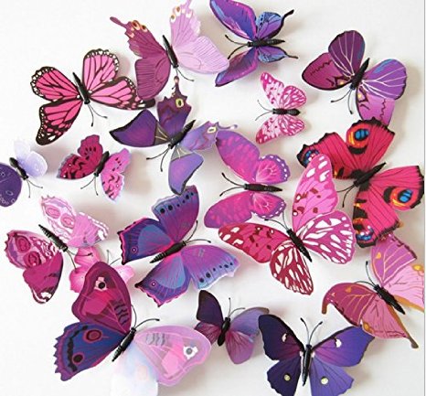 Amaonm® 60 Pcs 5 Packages Beautiful 3d Butterfly Wall Decals Removable Diy Home Decorations Art Decor Wall Stickers & Murals for Babys Bedroom Tv Background Living Room (Purple)