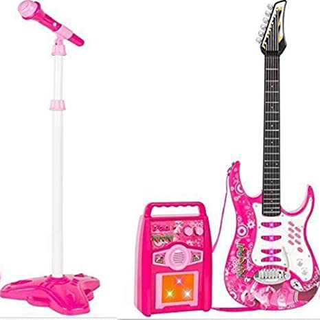 iMeshbean Electric Guitar Kit Toy Play Set with Microphone, Wireless Amp, AUX. Educative Beginner Musical Instrument Set for All Children (Pink)