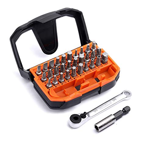 32pcs 1/4" Mini Ratchet Screwdriver Bit Set, Tacklife Extension Bit Holder and Socket Adapter Included, High Torque 72-Tooth Gearhead, 30 Multi Bits for Ratchet Wrench, Screwdriver or Drill | HBWS1A