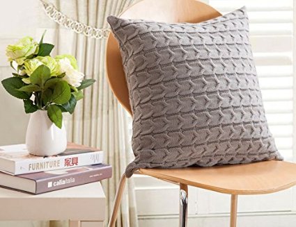 iSunShine Cotton Knitted Decorative Cushion Cover Double-Cable Knitting Patterns Super Soft Square Warm Pillow Covers, 17.5 by 17.5 Inch Throw Pillow Cover, Grey, Cover Only