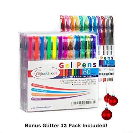 Gel Pen Set by OfficeGoods – 60 Brightly Colored Pens – Fun Premium Arts and Crafts Supplies with Fast Drying Ink   12 Extra Glitter Pack Included!