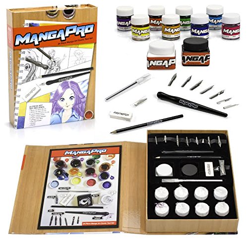 Art Drawing Set- 24 Pc - Manga Animation and Comic Tool Set with Ink, Watercolors, Knives, Pen, Nibs, Eraser, and Pencils