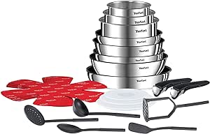 Tefal Ingenio Emotion 22-Piece Cookware Set, Saucepans, Airtight Lid, Frying, Wok, 5 Welcome Spatula, 4 Pan Protector, 2 Handles, Induction L925SM14, Stainless Steel, 34.9 x 33.5 x 33.5 cm