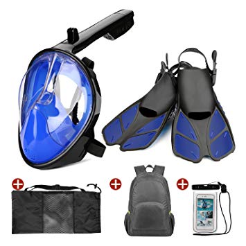 Odoland 5-in-1 Snorkeling Packages, Full Face Snorkel Mask with Adjustable Swim Fins and Lightweight Backpack and Waterproof Case - GoPro Compatible