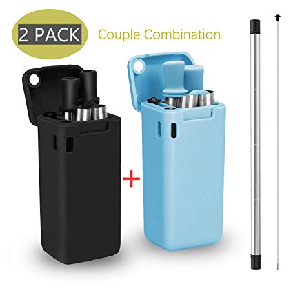 SSZDXG-Collapsible Reusable Straws-Foldable Metal Drinking Straws-Portable Stainless Steel Straws-Food grade silicone straws-non-plastic straws-with Case and Cleaning Brush-2PACK(Black& Blue)