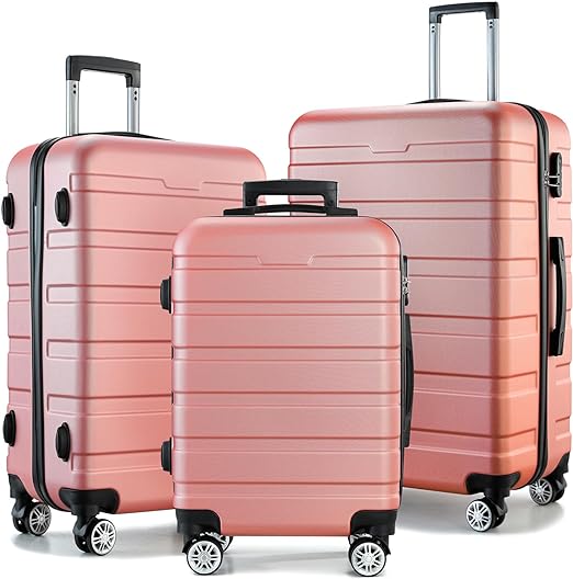 GOWELL Rose Gold Luggage Set 3 Piece,Hard Shell Luggage Sets,Lightweight Travel Suitcase with Wheels,Large Checked Luggage with Spinner Wheels,Durable ABS/PC and Tsa Lock(20/24/28)