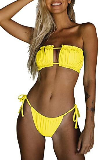 Byoauo Women Bandeau Bikini Top with Tie Side Thong Bathing Suit Yellow