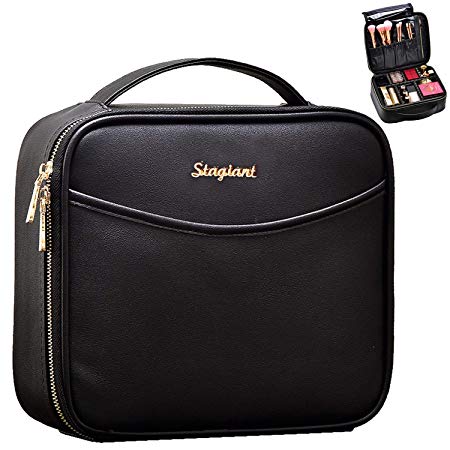 Stagiant Makeup Train Case Professional PU Leather Makeup Bag with Adjustable Divider Pocket Portable Travel Cosmetic Organizer Storage Gift for Women Black