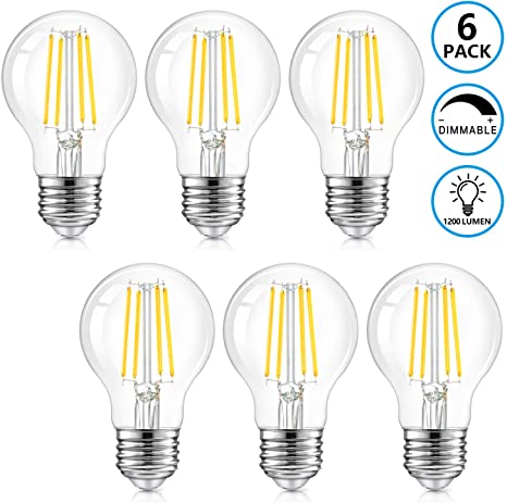 LED A19 Dimmable Light Bulbs 100W Equivalent, 1200LM, 8W Vintage E26 Edison Bulbs 5000K Daylight White, Clear Glass, Retro Filament Style for Home, Cafe, Bar Decor, 6-Pack