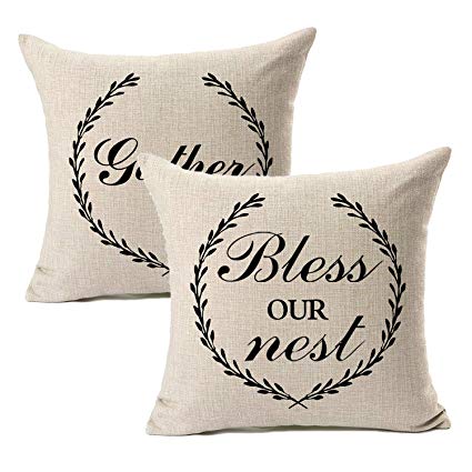 FOOZOUP Rustic Gather and Bless Our Nest Olive Branch Retro Farmhouse Style Decorative Throw Pillow Case Cushion Cover with Words for Sofa Couch 18 x 18 Inch