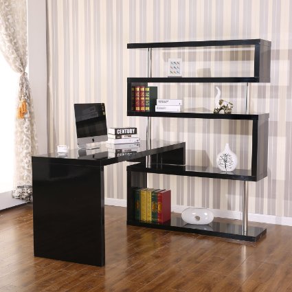 HomCom Rotating Home Office Corner Desk and Shelf Combo Black