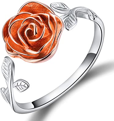 Esberry 18K Gold Plated S925 Sterling Silver Rings Rose Open Ring 3D Rose Shape Adjustable Ring Jewelry for Women and Girls