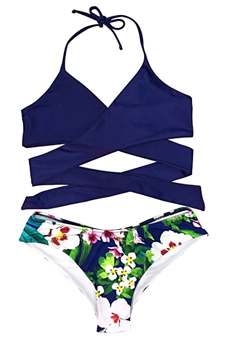 Cupshe Fashion Women's Solid Color Top Printing Bottom Halter Bikini Set