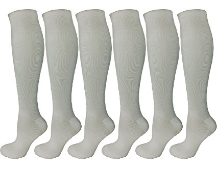 6 Pair White Large/X-Large Ladies Compression Socks, Moderate/Medium Compression 15-20 mmHg. Therapeutic, Occupational, Travel & Flight Knee-High Socks. Women's Shoe Sizes 10-14, Men's Sizes 9-13