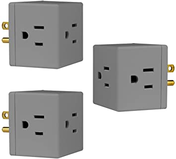 GE Outlet Wall Tap, 3 Pack, 3 Prong, Extra-Wide Adapter Spaced, Grounded, Easy Access Design, Indoor, Gray, 47036