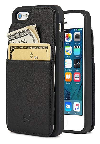 iPhone SE / 5S Case, Vaultskin ETON Armour iPhone SE / 5S Case Wallet, Slim, Minimalist Genuiner Leather Case - Holds up to 8 Cards / Top Grain Leather (Black)