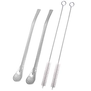 GFDesign Yerba Mate Bombilla Gourd Drinking Filter Straws 304 Food-Grade 18/8 Stainless Steel - Set of 2 with 2 Cleaning Brushes - 7" Long