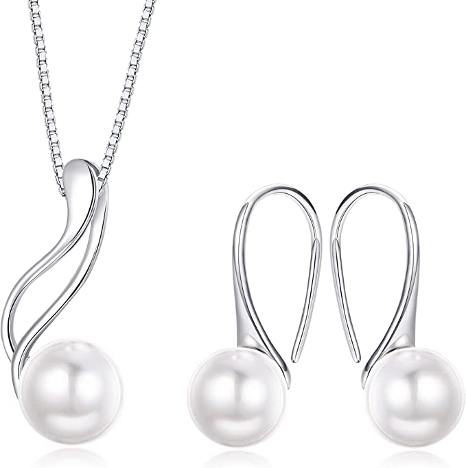Milacolato Sterling Silver Genuine White Freshwater Cultured Pearl Jewelry Pendant Necklace Earrings Set for Women, 18 2'' Box Chain