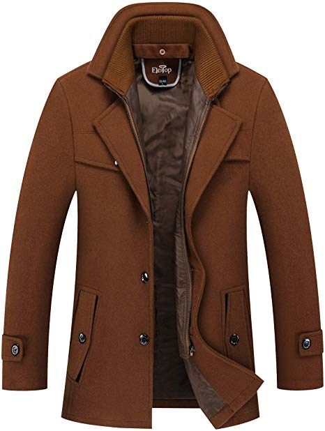 ELETOP Men's Coat Wool Jacket Single Breasted Winter Pea Coat Detachable Collar Windbreaker