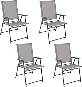 Giantex Patio Folding Chairs Set of 4, Outdoor Lawn Chairs with Rustproof Metal Frame, Portable Dining Chairs for Porch, Deck, Garden, Backyard, Camping, Gray