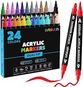 Acrylic Paint Pens - 24 PCS Dual Tip Acrylic Paint Markers with Medium and Brush Tips, Ideal for Rock Painting, Ceramic, Wood, Brush Lettering, Card Making, and DIY Crafts on Diverse Surfaces