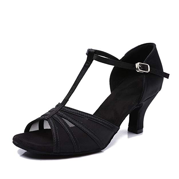 CLEECLI Women's Ballroom Dance Shoes Latin Salsa Dance Shoes T-Strap Sandals 2.5" Heel ZB01