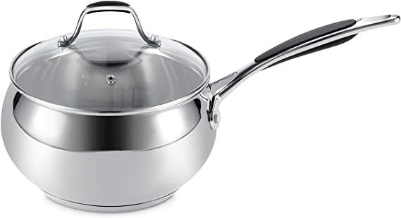 ELITRA Home Stainless Steel Sauce Pan & Glass Lid For All Stovetops 3 Quart - Silver