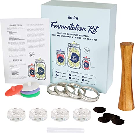 Fermentation Kit with Weights & Lids - Wide Mouth Mason Jar Fermenting Set - Wooden Pounder, 4 Glass Weights, 4 Silicone Lids, 4 Cover Rings, 25 Labels & Marker - Pickling, Making Kimchi & Sauerkraut