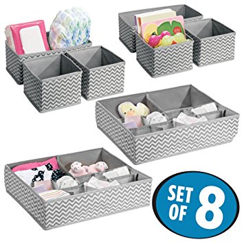 mDesign Chevron Fabric Baby Nursery Closet Organizers for Clothing, Diapers, Wipes, Lotion, Medicine - Set of 8, Gray/Cream