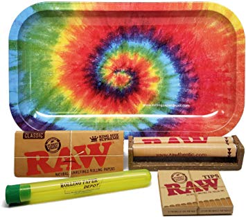 Bundle - 5 Items - RAW King Size Supreme, 110 Roller and Pre-Rolled Tips with Rolling Paper Depot Rolling Tray and Kewl Tube (Tie Dye)